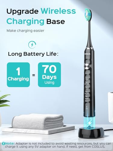 COSLUS Sonic Toothbrush: 47000 VPM Deep Clean & Whitening - 5 Modes, Wireless Charging, 6 Brush Heads - Black