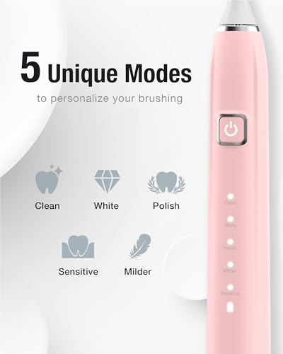 7AM2M Sonic Electric Toothbrush - 6 Brush Heads, 120-Day Charge, 5 Modes, Wireless Fast Charge - Pink