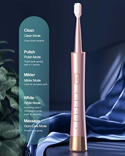 Brand Sonic Electric Toothbrush: USB Rechargeable, 5 Modes, Smart Timer, 8 Brush Heads, Pink