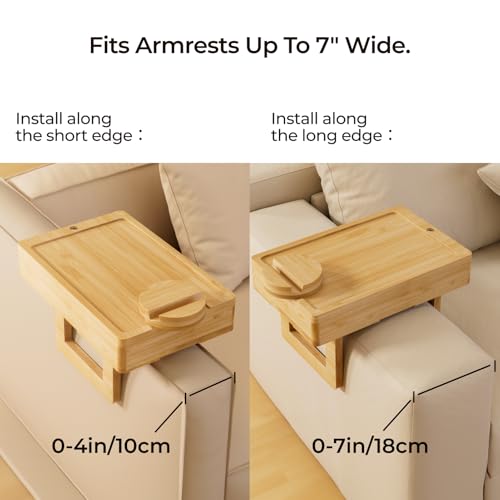 Wealone Mini Couch Arm Table: Bamboo Sofa Tray with Storage, Rotating Tabletop, Phone Stand. Adjustable Clip for Snacks/Dining.