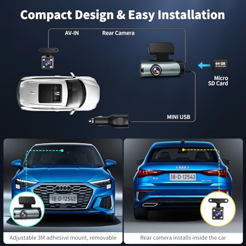 Brand Dual Dash Cam: UHD & 1080P Car Camera, Night Vision, Wi-Fi, G-Sensor, Loop Recording, 3" Display - 64GB SD Card - Black