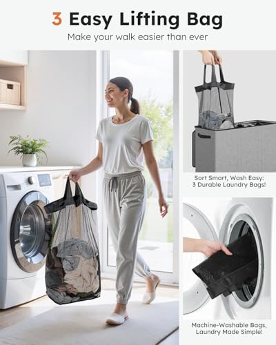 SOLEDI 180L Laundry Basket 3 Section, Extra Large Hamper with Lid & Sturdy Handle - Laundry Room Organizer for Dirty Clothes & Bedroom