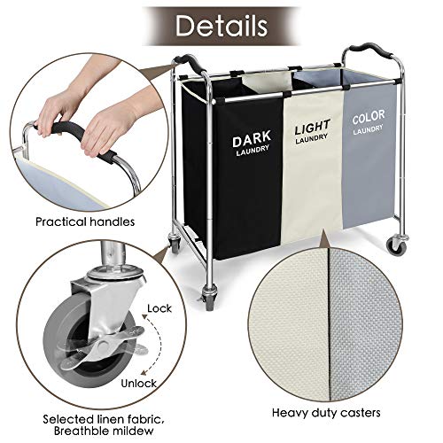 Laundry Basket on Wheels 240l, 3 Section Bag for Dirty Clothes, Dorm Essentials, Towel & Toys Storage Cart