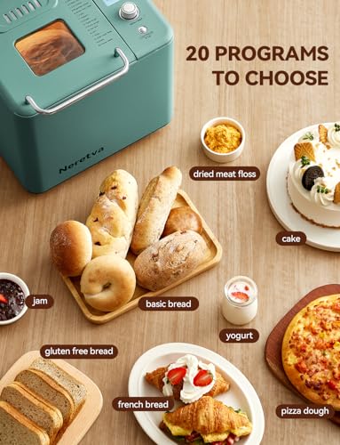 Neretva 20-in-1 Bread Maker Machine: Dual Heater, Nonstick Pan, Timer, Keep Warm, Low Noise, Stainless Steel - Green