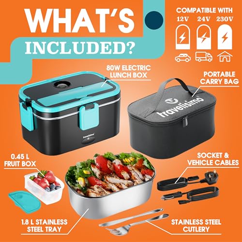 TRAVELISIMO Heated Lunch Box - 1.8L Capacity, 80W Electric - Stainless Steel, Adults 3-in-1 Car Lunchbox
