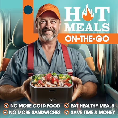 TRAVELISIMO Heated Lunch Box - 1.8L Capacity, 80W Electric - Stainless Steel, Adults 3-in-1 Car Lunchbox