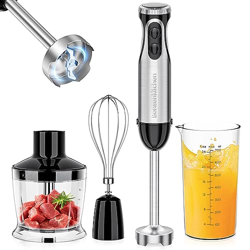 Bonsenkitchen Hand Blender: 20-Speed Turbo, Stainless Steel Blade, Egg Whisk, Beaker & Chopper - Stick Mixer for Soup, Smoothie