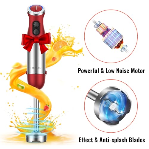 KOIOS 5-in-1 Hand Blender: 1000W, 12 Speeds, Stainless Steel Blade, Mixing Beaker, Food Processor, Whisk, Milk Frother - Red