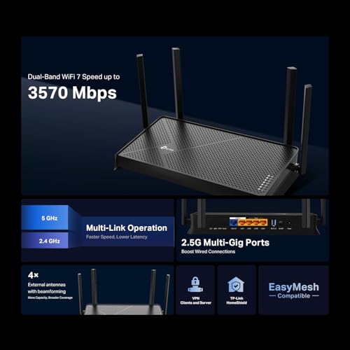 TP-Link BE3600 Wi-Fi 7 Router Archer: Fast Dual-Band, 4 Antennas, VPN, EasyMesh, HomeShield