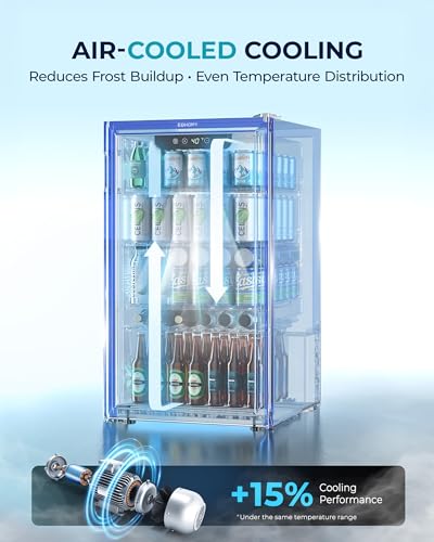 EUHOMY Beverage Refrigerator: 128 Can Mini Fridge with Glass Door, Adjustable Shelves for Soda, Beer, or Wine, Home/Bar/Office