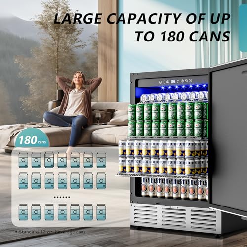 EUHOMY Beverage Refrigerator: Built-in/Freestanding Cooler 180 Can Capacity, Stainless Steel Door, Outdoor Fridge for Soda, Beer, Wine