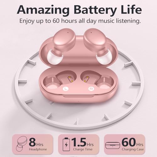 MOZOTER S8 Mini Wireless Earbuds, Bluetooth 5.3, 60Hrs Playtime, Deep Bass, Sport-Pink