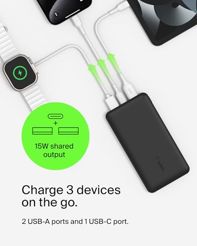Belkin Portable Charger: 15W 3-Port Power Bank, Fast Charging for iPhone & Samsung - 10000mAh Battery