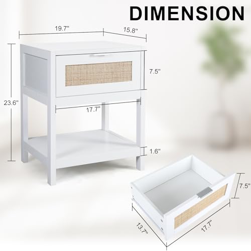 Modern Rattan Bedside Table: White Nightstand with Drawers, Metal Handle | Bedroom & Living Room Furniture, 19.7x15.7x23.6 inch