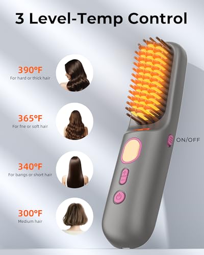 Portable Cordless Hair Straightener Brush, Mini Hot Brush for Women, USB-C Rechargeable, 200 Million Negative Ions