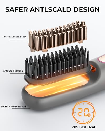 Portable Cordless Hair Straightener Brush, Mini Hot Brush for Women, USB-C Rechargeable, 200 Million Negative Ions