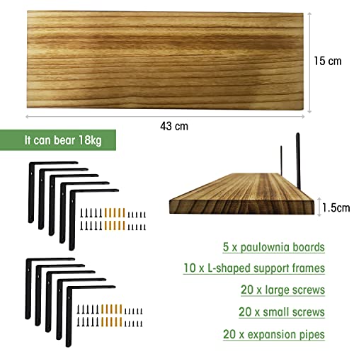 Mardili Rustic Wood Wall Shelf Set, 5 Shelves, Light Brown