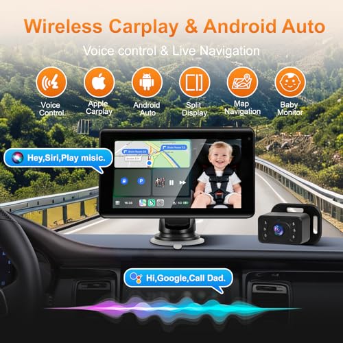 Wireless CarPlay 7" Screen & Baby Car Camera - Night Vision, HD Touchscreen, Split Display