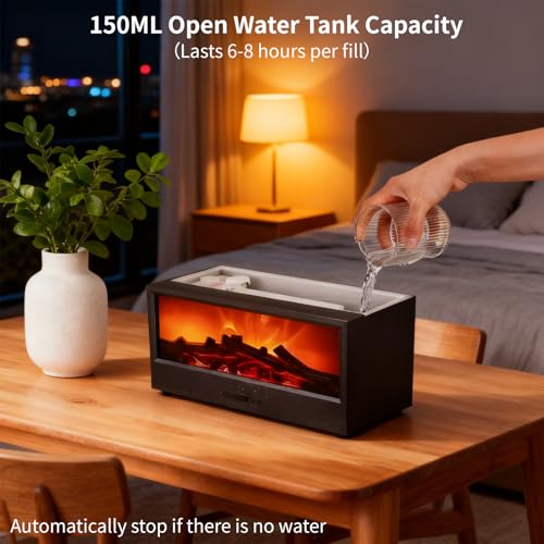 Ultrasonic Cool Mist Humidifier 150ml - Flame Effect, 7 Colors, Aromatherapy Night Light, Auto Shut Off Timer - Fireplace Diffuser