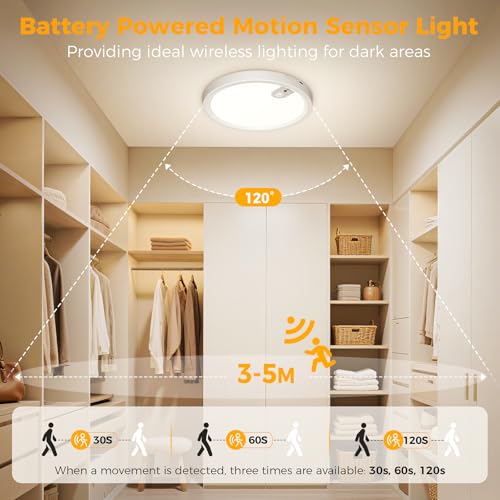 ONEWEST Motion Sensor Ceiling Light, Rechargeable, Remote Control, 3 Colors, 30s/60s/120s Timer - Indoor Battery Operated