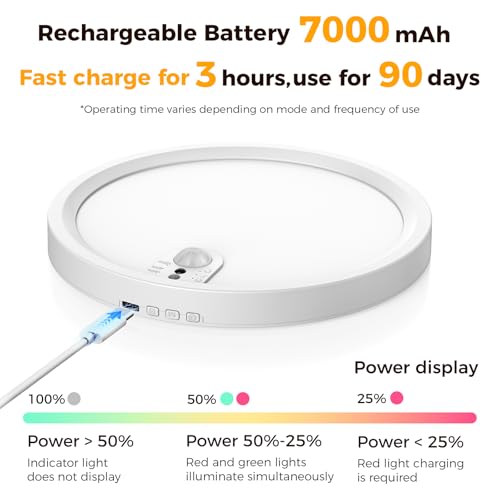 ONEWEST Motion Sensor Ceiling Light, Rechargeable, Remote Control, 3 Colors, 30s/60s/120s Timer - Indoor Battery Operated