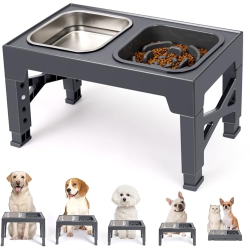 Niubya Raised Dog Bowls with Slow Feeder, Adjustable Heights for Small, Medium, and Large Dogs