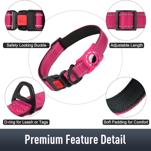 Airtag Dog Collar Holder for Small Dogs, Reflective & Soft Padded, Safety Lock, Nylon Adjustable Pet Collar - Hotpink