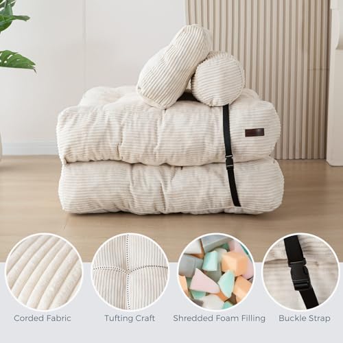 MAXYOYO Convertible Sleeper Chair: Foldable Bed with Back Support & Pillow, Portable Lounge for Living Room Bedroom - Beige