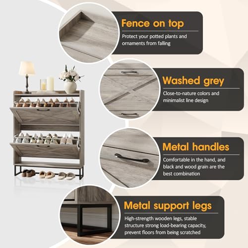 Maupvit Shoe Cabinet: Freestanding Organizer with Metal Legs, Entryway Storage, Narrow Rack, Washed Gray