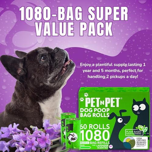Pet N Pet 1080 Count Green Dog Poop Bags, Plant-Based Thick Rolls, 9x13", Lavender Scented
