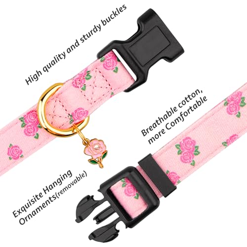 Handmade Cotton Dog Collar: Cute Pink Rose Pattern with Pendant
