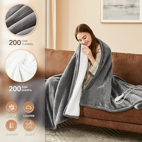 Homemate Heated Blanket Throw - 50x60 inch, Auto-Off, 10 Heat Levels, Over-Heat Protection, Flannel Sherpa
