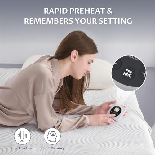 Heated Queen Size Mattress Pad - Memory & Preheat Functions, 12 Heat Settings, Dual Control, Auto Off, Lighted Button