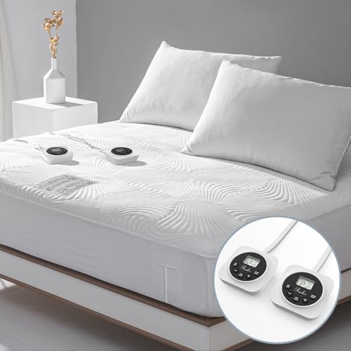 Heated Queen Size Mattress Pad - Memory & Preheat Functions, 12 Heat Settings, Dual Control, Auto Off, Lighted Button