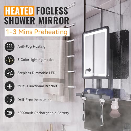 Shave Smarter with Fogless Shower Mirror - Heated, Dimmable Lights, 360° Adjustable - Rechargeable, Storage Tray - Men's Grooming