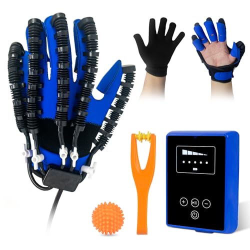 Rehab Robot Gloves: Finger Exerciser for Stroke Recovery, Adjustable Strength, USB Charging - Blue, Left Hand