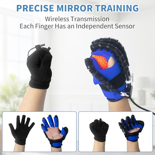 Rehab Robot Gloves: Finger Exerciser for Stroke Recovery, Adjustable Strength, USB Charging - Blue, Left Hand