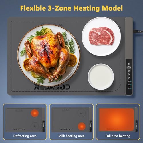 Redagod Electric Warming Tray: 3-Zone Heat, 9 Temp Settings, Timer - Portable Food Heating Mat for Home - Gray