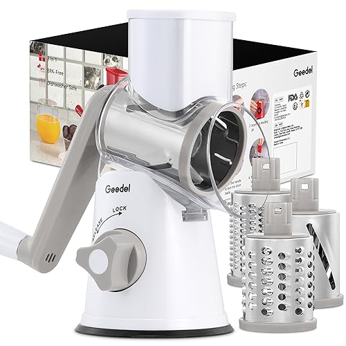 Geedel Rotary Cheese Grater & Mandoline Slicer - Interchangeable Blades - Easy to Clean - Ideal for Fruit, Vegetables, Nuts