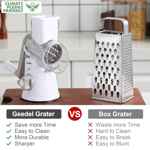 Geedel Rotary Cheese Grater & Mandoline Slicer - Interchangeable Blades - Easy to Clean - Ideal for Fruit, Vegetables, Nuts