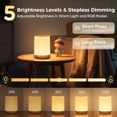 VIWAVE RGB Night Light with Timer, Dimmable LED for Kids, Memory Function, USB Rechargeable, Touch Control Lamp - Ideal for Bedroom, Camping