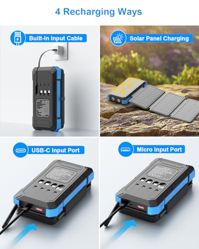 Solar Charger Power Bank 49800mAh with Built-in Cables & Panels, Fast Portable Phone Charger, USB-C & Flashlight for Outdoor Camping