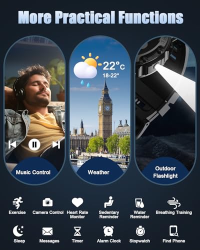 Outdoor Military Smart Watch for Men: Answer Calls, 1.39-inch HD Fitness Tracker with Heart Rate Monitor, Sleep Tracker, Pedometer - 114+ Sports Modes, IP68 Waterproof - iOS Android