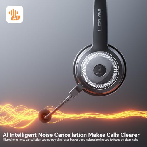 LEVN Wireless Headset with Mic: Charging Base, Noise Cancel, Long Battery - Bluetooth Headsets for Work, Home, Office - Black