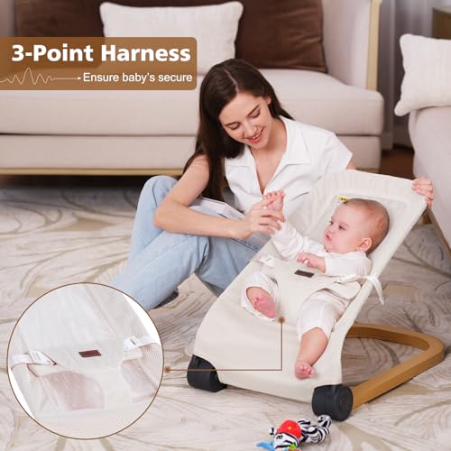 Portable Baby Bouncer Seat: 3 Heights, Ergonomic Design, Wood Grain Style, Natural Vibrations, Storage Bag - Ideal for 0-6 Months
