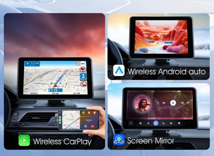Portable Car Stereo: 7" HD Touch Screen, Wireless Carplay & Android Auto, 1080P Backup Cam, Bluetooth - Voice Control