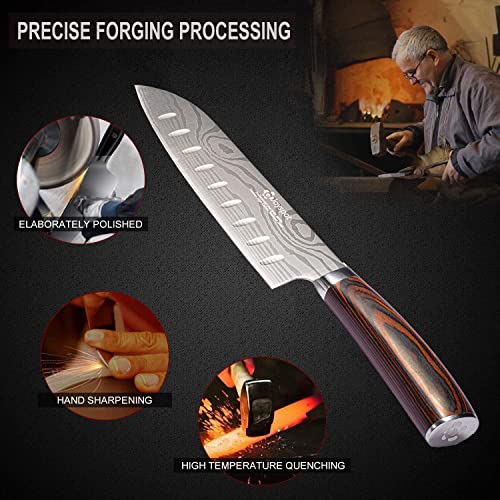 Joyspot 7 inch Santoku Knife: Ultra Sharp Japanese Chef - High Carbon Stainless Steel - Ergonomic Wood Handle