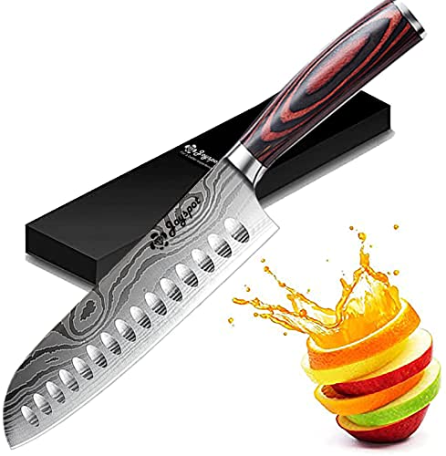 Joyspot 7 inch Santoku Knife: Ultra Sharp Japanese Chef - High Carbon Stainless Steel - Ergonomic Wood Handle