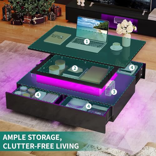 YITAHOME LED Coffee Table: Modern Rectangular with Lift Top, Storage Drawers, LED Light - Glossy Black