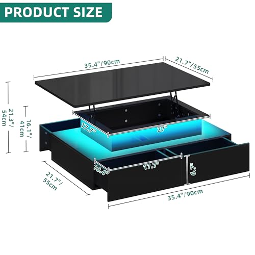 YITAHOME LED Coffee Table: Modern Rectangular with Lift Top, Storage Drawers, LED Light - Glossy Black